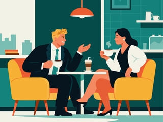 Business figures, sitting in a coffee shop, drinking coffee, communicating and collaborating, flat design, vector illustrations