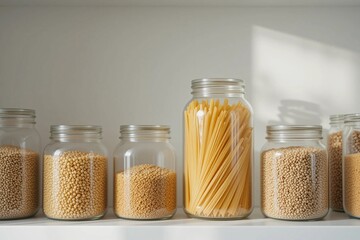 Pantry organization with glass jars filled with grains and pasta on a shelf