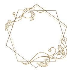 Decorative polygon frame with leaves and curls. Elegant geometric border for invitations and greetings © sablegear