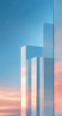 Obraz premium Transparent architectural structures against a vibrant sunset sky