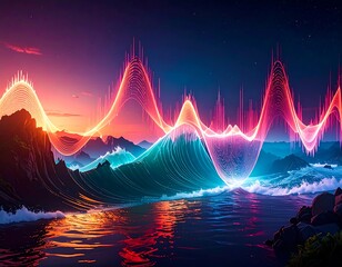 Colorful abstract landscape with wavy lines and glowing colors