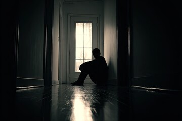 A solitary figure sits in a dimly lit hallway, facing a window