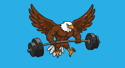 Vector Cartoon Bald Eagle Diving with Barbell Weightlifting Mascot Illustration
