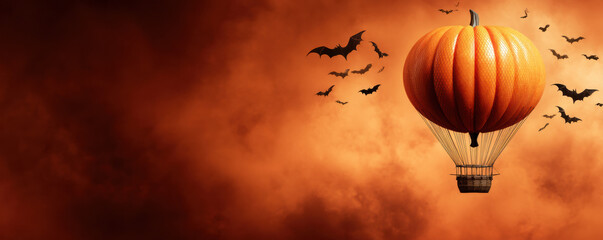 Obraz premium whimsical hot air balloon shaped like a pumpkin floats against a dramatic orange sky, surrounded by flying bats, creating a festive Halloween atmosphere.