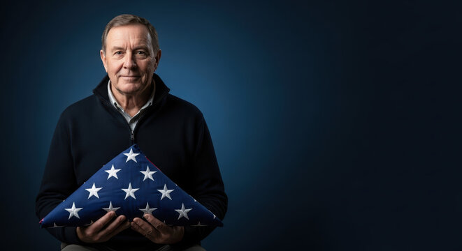 Honoring veterans day, a thoughtful man gently holds American flag in somber reflection. Veterans day tribute evokes patriotism, gratitude, and respect for service, folded flag symbolizes sacrifice,