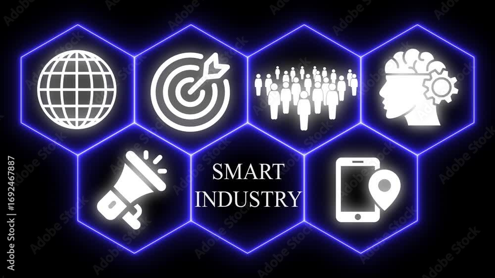 Poster visual representation of smart industry concepts and digital transformation on black background