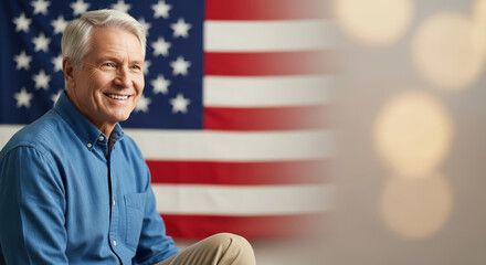 Honoring veterans day, an American veteran is smiling proudly in front of flag. Veterans day scene shows respect and gratitude for military personnel.