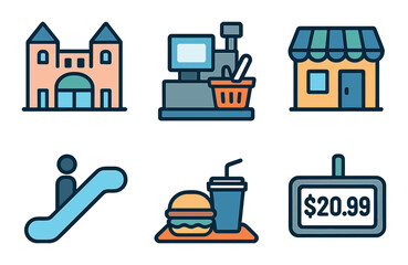Shopping flat icon set. featuring mall, checkout, store, escalator, fast food, and price tag symbols.