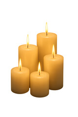 Realistic Group of Five Lit Candles Isolated on Transparent Background