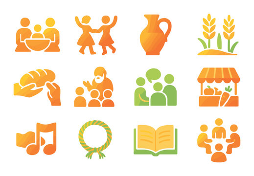 Food and family silhouette icon set. featuring meal, family, harvest, bread, gathering, market, music, wreath, book.