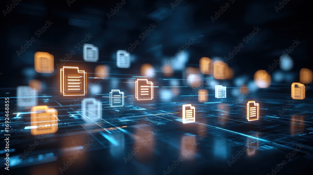 Aufkleber abstract network grid with files and folders, futuristic software interface, digital document manage