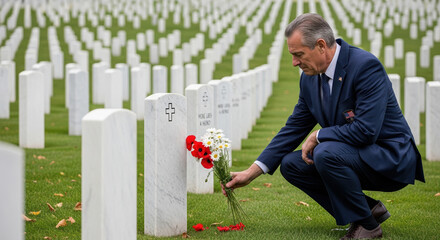 Solemn Veterans Day tribute shows man laying flowers on tombstone, a moment of remembrance and gratitude. Veterans Day includes respect for past sacrifices, displayed in national cemetery.