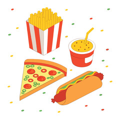 A colorful vector illustration of a fast food icons set including a hot dog, cheeseburger, fries, and a drink