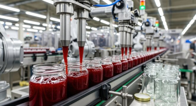 Medium shot capturing robotic arms precisely filling glass jars with strawberry jam on an assembly line under bright factory lighting.