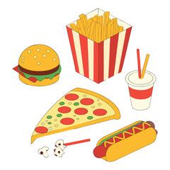 A cartoon fast food collection featuring a set of classic icons like a hamburger, pizza, hot dog, and a drink, all served as a delicious lunch