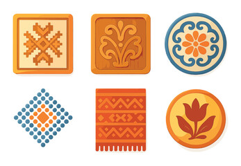 Patterned tiles flat icon set. featuring geometric, floral, lattice, and traditional symbols.