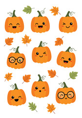 Cute kawaii pumpkins and autumn leaves celebrate fall season