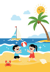 Joyful summer beach vacation scene with children playing ball under the sun