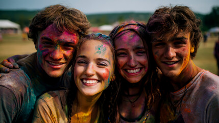 Fototapeta premium A group of friends hugging and laughing, at the Holi festival