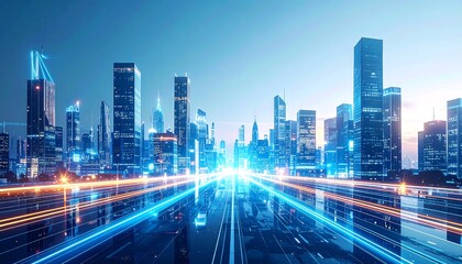 Futuristic cityscape at dawn with glowing roads