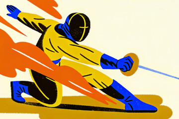 fencing athlete in protective gear lunging with sword, dynamic martial arts action
