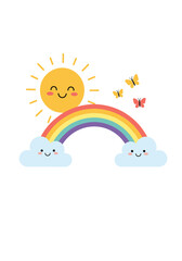 A cheerful sun shines brightly above a colorful rainbow and cute fluffy clouds