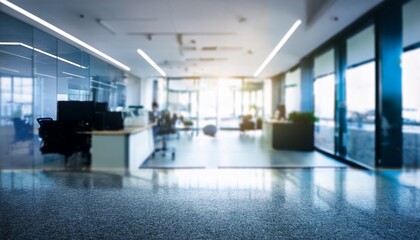 Fototapeta premium blurred empty open space office design background with abstract light bokeh at office interior