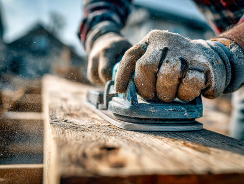 Close-up of a carpenter's gloved hand sanding rough wood with power sander during woodworking in an outdoor construction site on sunny day