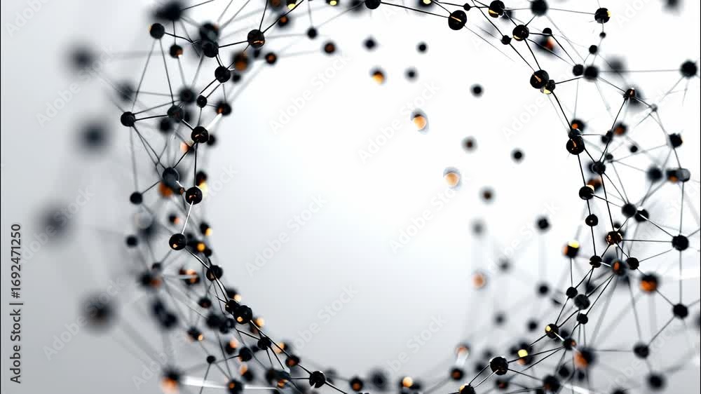 Poster glowing interconnected network background nodes arranged in circular pattern, representing technolog