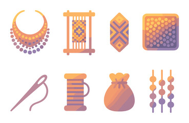 Traditional crafts silhouette icon set. featuring necklace, loom, rug, beading, needle, thread, pouch, beads symbols.
