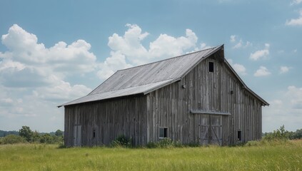 Obraz premium Rustic Structure Amidst Field, Cloudy Sky Above Grainy Texture, Wooden Details.