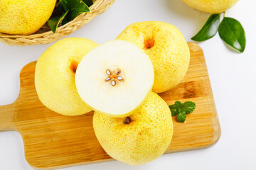 Fresh Dangshan Pears from Anhui China on Wooden Board White Background