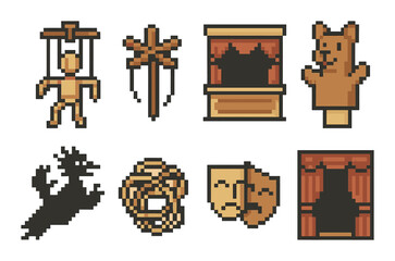 Theater pixel icon set. featuring puppet, sword, stage, mask, curtain, dragon, and bear icons.