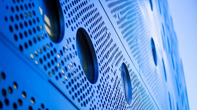 The facade of this architectural structure is characterized by an abstract blue color scheme, circular openings, and a distinctive perforated metal texture that reveals its underlying structural