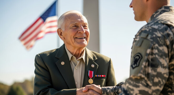 Veterans Day handshake between elderly veteran and uniformed soldier in front of American flag. Veterans Day greeting with smiling veteran wearing medals and his hand is being shaken by soldier,
