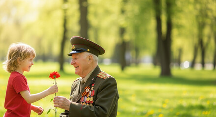 A veteran's day tribute showing little child presenting flower to senior military officer in full uniform, celebrating veteran's day in the park.