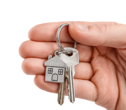 Hand holding house keys home real estate security isolated on transparent background