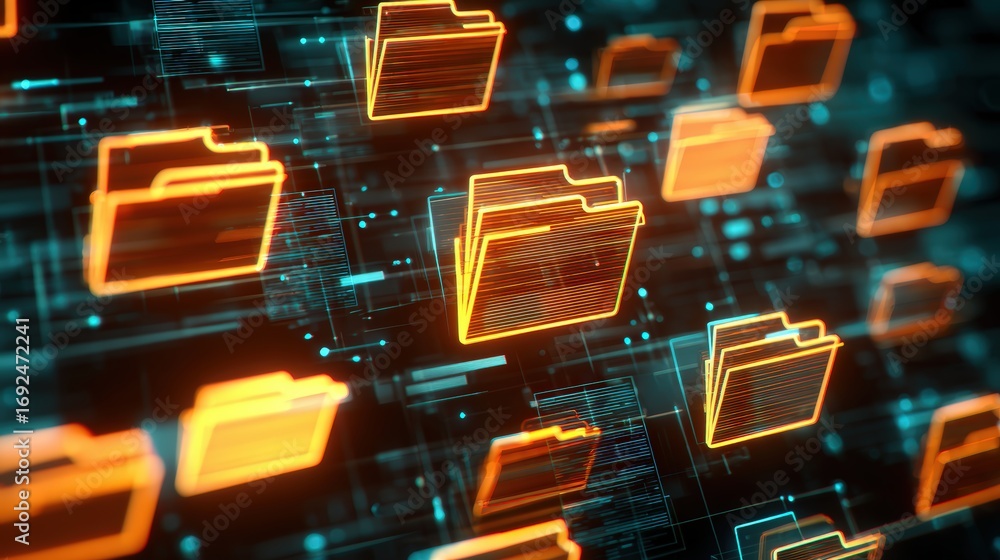Aufkleber abstract network grid with files and folders, futuristic software interface, digital document manage
