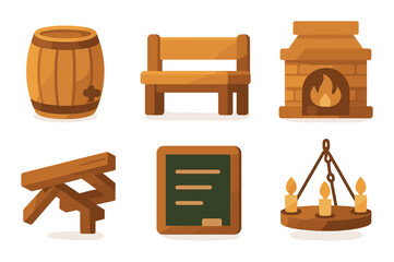 Rustic living flat icons set. featuring barrel, bench, fireplace, fence, chalkboard, chandelier.