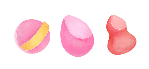 pink egg shaped makeup sponges, Beauty red blender, powder puff set, cosmetic makeup applicator collection.  beauty product watercolor illustration isolated on transparent background, clip art cut out