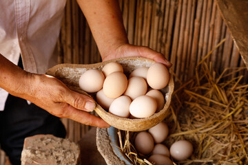 Fresh Farm Eggs in Rustic Bowl - Traditional Farmhouse Harvest of Raw Organic Eggs