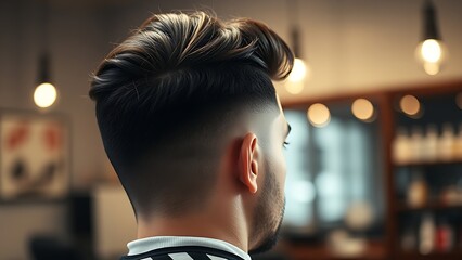 A professional barber focused on hairstyling, captured in a clean composition with warm side lighting.