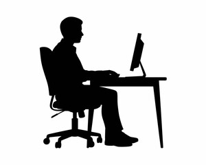 Silhouette of a man sitting at a desk using a computer in a simple office environment illustration