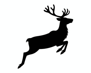 Silhouette illustration of a leaping deer with large antlers in a profile view on a white background