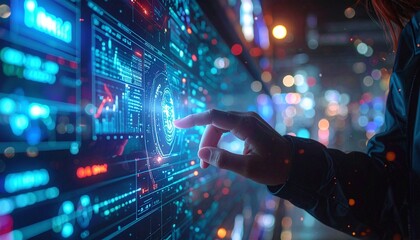 Close-up of hands interacting with floating Ethereum holographic data