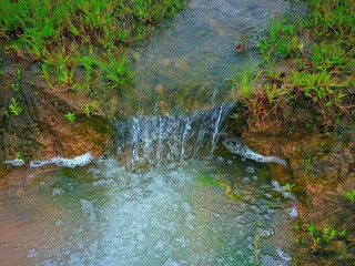 "A small natural stream flows through the lush green grass, creating a curtain of tiny waterfalls that hit the water surface below, creating soft, fine foam."