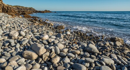 Serene Coastal Scene with Smooth Stones and Gentle Waves on a Sunny Day.
