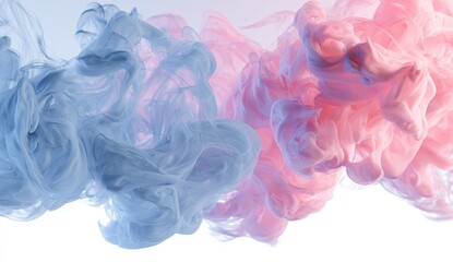 Fototapeta premium Abstract swirling pastel ink. Soft pastel shades of light blue and pink ink blend and swirl in a flowing abstract pattern against a white background.