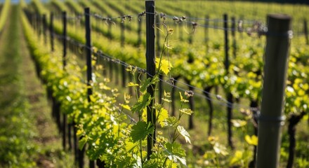 Focused medium shot of vine shoots guided along vertical supports in a trellis setup emphasizing organized rows and effective space utilization.