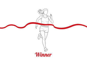 Woman runner crossing the finish line with red ribbon in a race competition and winner text below it silhouette
